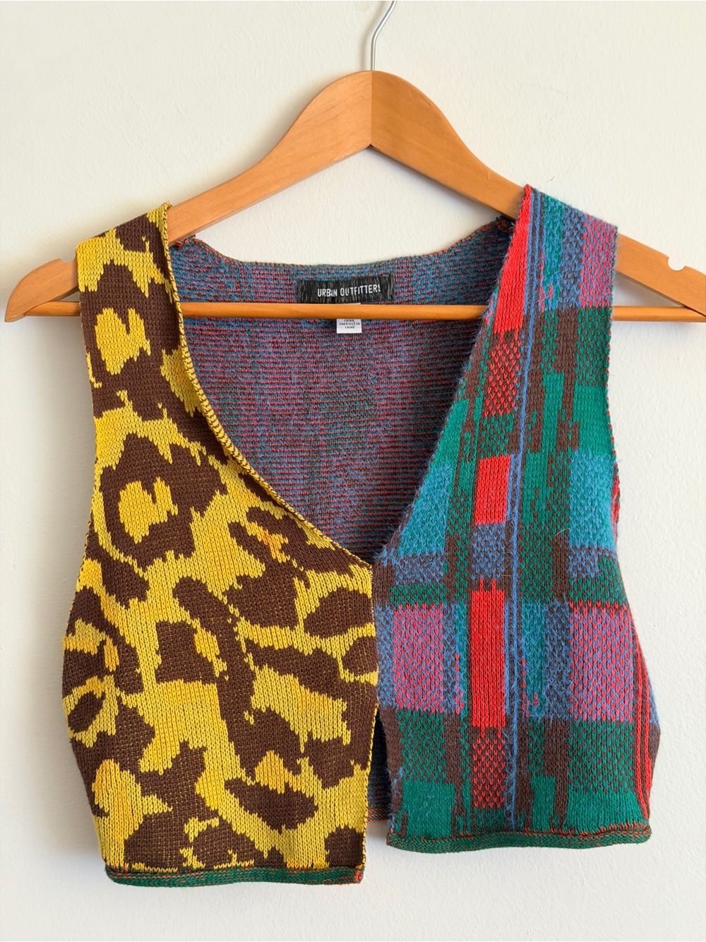 Urban Outfitters Yellow & Brown Leopard + Multicolor Plaid Knit Crop Vest - Picture 3 of 4